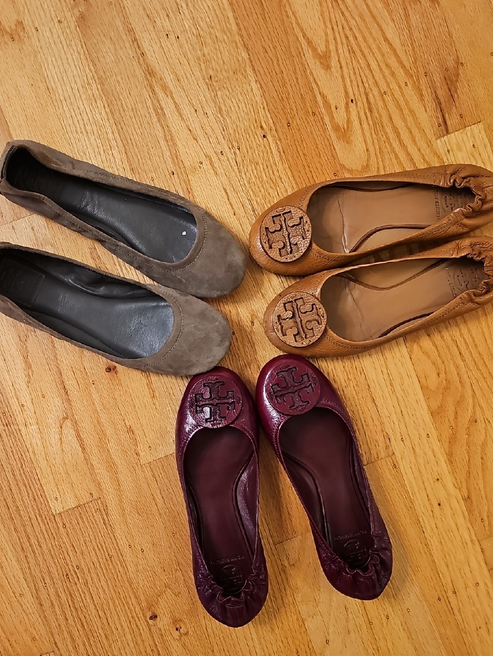 3 PAIRS Tory Burch Burgundy Leather Ballet Flats with Logo Medallion